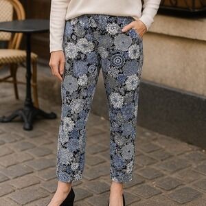 Talbots Stretch Blue Black White Floral Ankle Pants 14 Cotton‎ Spandex Blend
